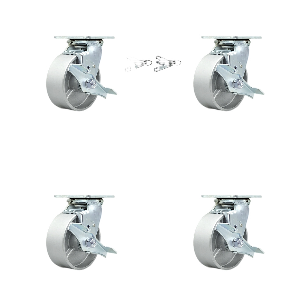 Semi Steel Cast Iron Swivel Top Plate Casters Set of 4 Heavy Duty with 5 Inch Wheels - Includes 2 Swivel with Brakes and Bolt on Swivel Locks and 2 Swivel with Brakes - Service Caster Brand — photo 1