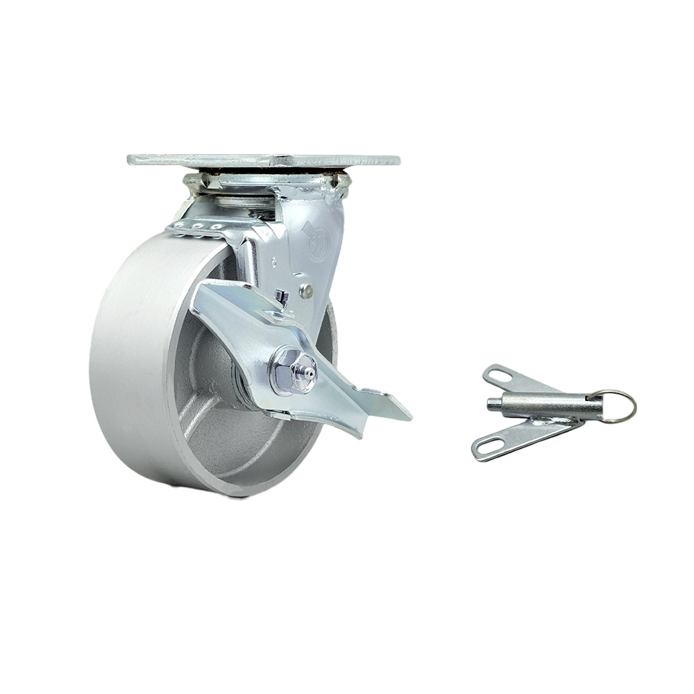 Heavy Duty Swivel Top Plate Caster with Top Lock Brake and Bolt on Swivel Lock and 5 Inch Semi Steel Cast Iron Wheel with Bronze Bearings - 1,000 lbs. Capacity/Caster - Service Caster Brand — photo 1