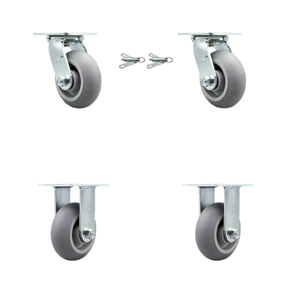 Thermoplastic Rubber Donut Tread Swivel Top Plate Casters Set of 4 Heavy Duty with 5 Inch Wheels- Includes 2 Swivel with Bolt on Swivel Locks and 2 Rigid–1,400 lbs. Total Capacity-Service Caster Brand — photo 1