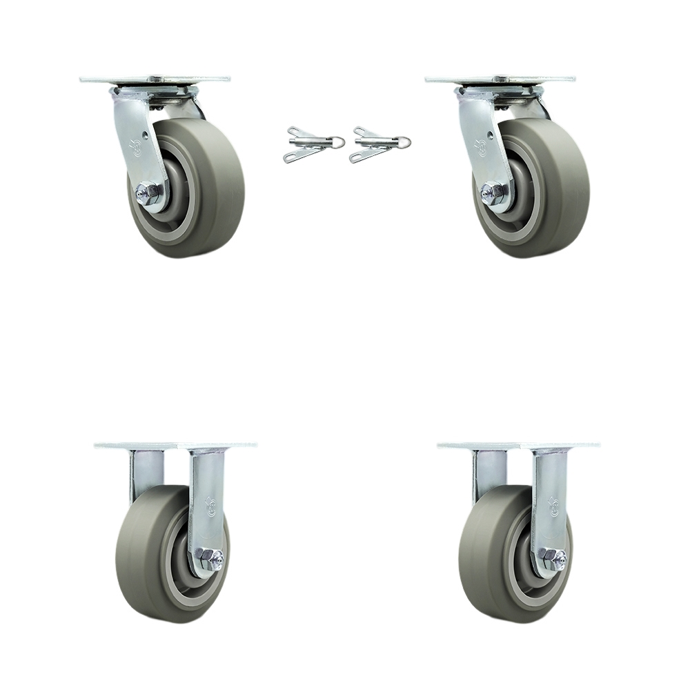 Thermoplastic Rubber Flat Tread Swivel Top Plate Casters Set of 4 Heavy Duty with 5 Inch Wheels- Includes 2 Swivel with Bolt on Swivel Locks and 2 Rigid–1,400 lbs. Total Capacity- Service Caster Brand — photo 1