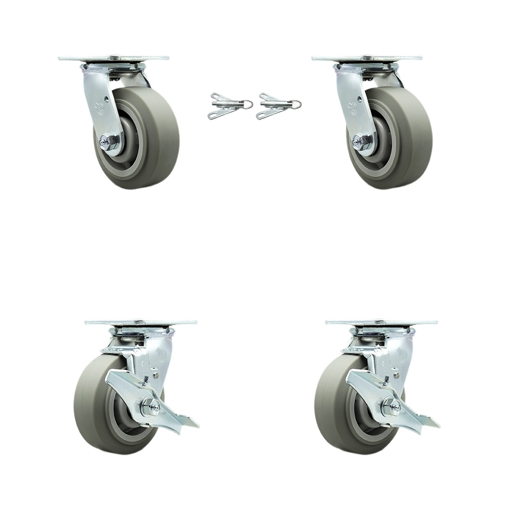 Thermoplastic Rubber Flat Tread Swivel Top Plate Casters Set of 4 Heavy Duty with 5 Inch Wheel-Includes 2 Swivel with Swivel Lock and 2 Swivel with Brake-1,400lbs. Total Capacity- Service Caster Brand — photo 1