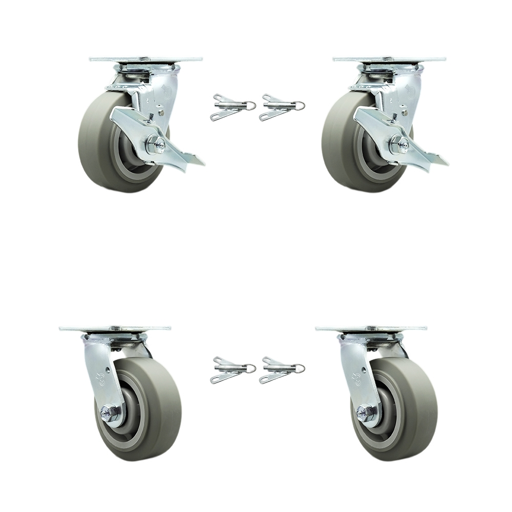 Heavy Duty Swivel Caster Set with 5 Inch Thermoplastic Flat Tread Wheel and Ball Bearing-Include 2 Swivel with Brake and Bolt on Swivel Lock and 2 Swivel with Bolt on Swivel Lock- Service Caster Brand — photo 1