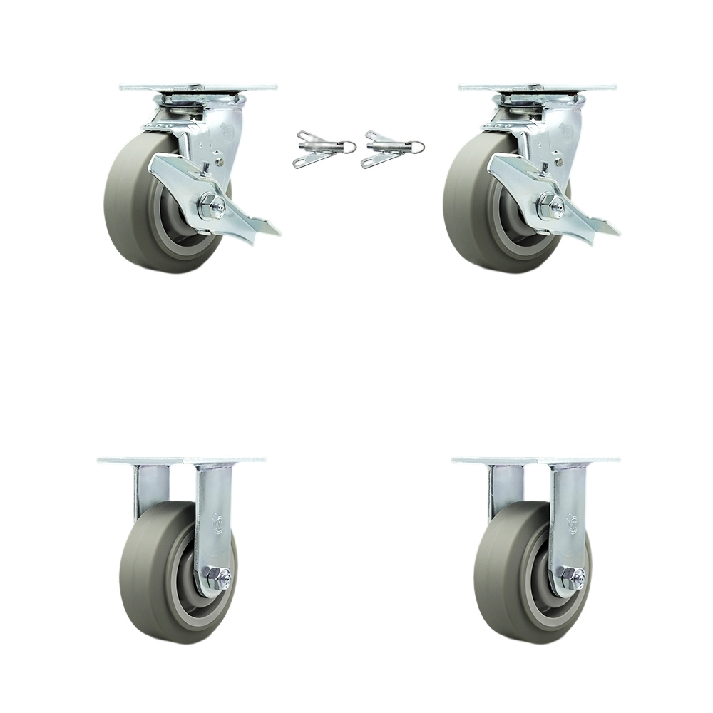 Heavy Duty Swivel Caster Set of 4 with 5 Inch Thermoplastic Rubber Flat Tread Wheels and Ball Bearings - Includes 2 Swivel with Brakes and Bolt on Swivel Locks and 2 Rigid - Service Caster Brand — photo 1