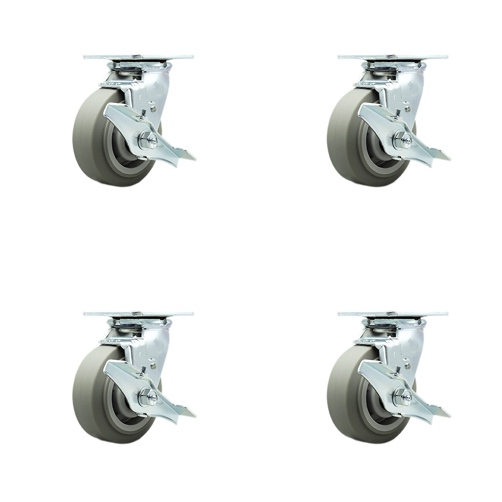 Thermoplastic Rubber Flat Tread Swivel Top Plate Casters Set of 4 Heavy Duty with 5 Inch Wheels- Includes 4 Swivel with Top Lock Brakes and Swivel Locks–1,400 lbs. Total Capacity- Service Caster Brand — photo 1