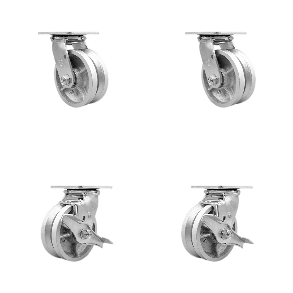 V Groove Semi Steel Cast Iron Swivel Top Plate Casters Set of 4 Heavy Duty with 5 Inch Wheels - Includes 2 Swivel with Brakes and 2 Swivel – 4,400 lbs. Total Capacity - Service Caster Brand — photo 1