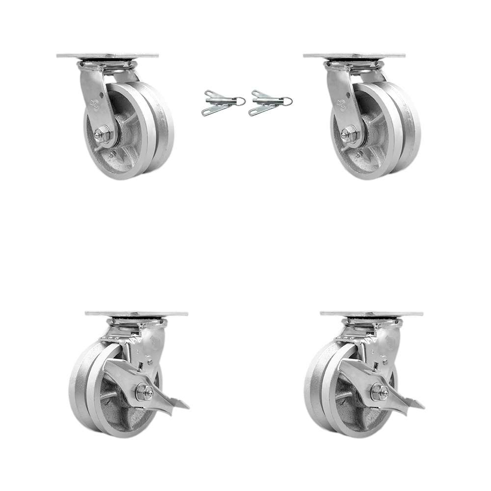 V Groove Semi Steel Cast Iron Swivel Top Plate Casters Set of 4 Heavy Duty with 5 Inch Wheels - Includes 2 Swivel with Bolt on Swivel Locks and 2 Swivel with Brakes - Service Caster Brand — photo 1