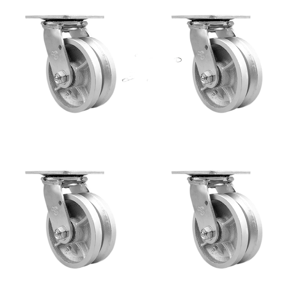 Heavy Duty Swivel Caster Set of 4 with 5 Inch V-Groove Semi Steel Cast Iron Wheels and Bronze Bearings - Includes 4 Swivel with Bolt on Swivel Locks - 4,400lbs. Total Capacity - Service Caster Brand — photo 1