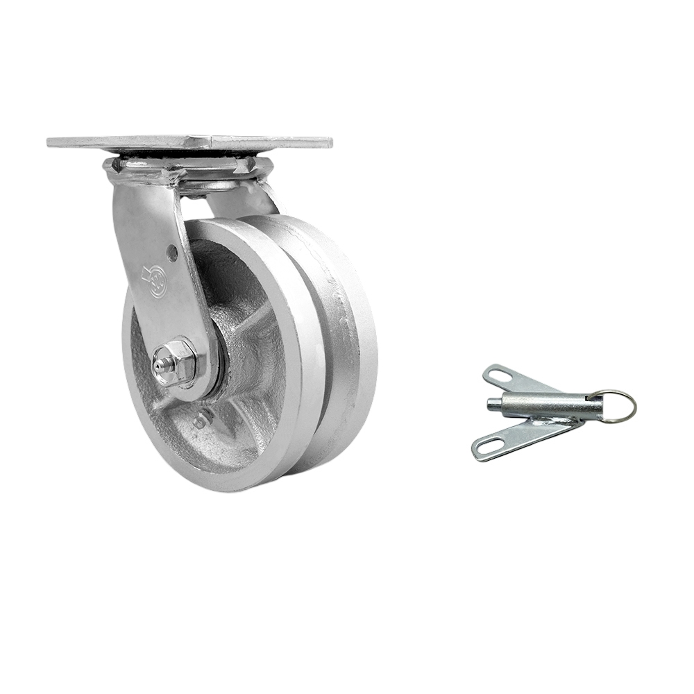 Heavy Duty Swivel Top Plate Caster with Bolt on Swivel Lock and 5 Inch V-Groove Semi Steel Cast Iron Wheel with Bronze Bearings - 1,100 lbs. Capacity/Caster - Service Caster Brand — photo 1