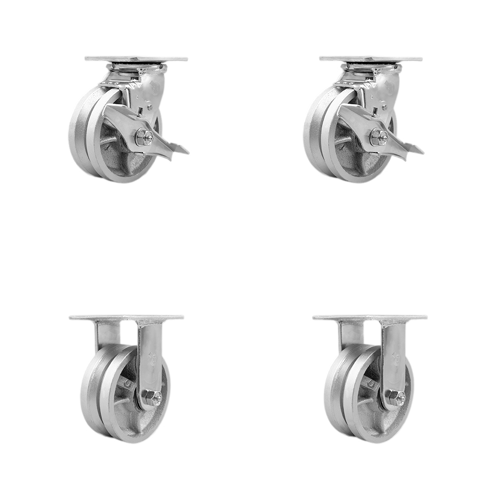 V Groove Semi Steel Cast Iron Swivel Top Plate Casters Set of 4 Heavy Duty with 5 Inch Wheels - Includes 2 Swivel with Brakes and 2 Rigid – 4,400 lbs. Total Capacity - Service Caster Brand — photo 1