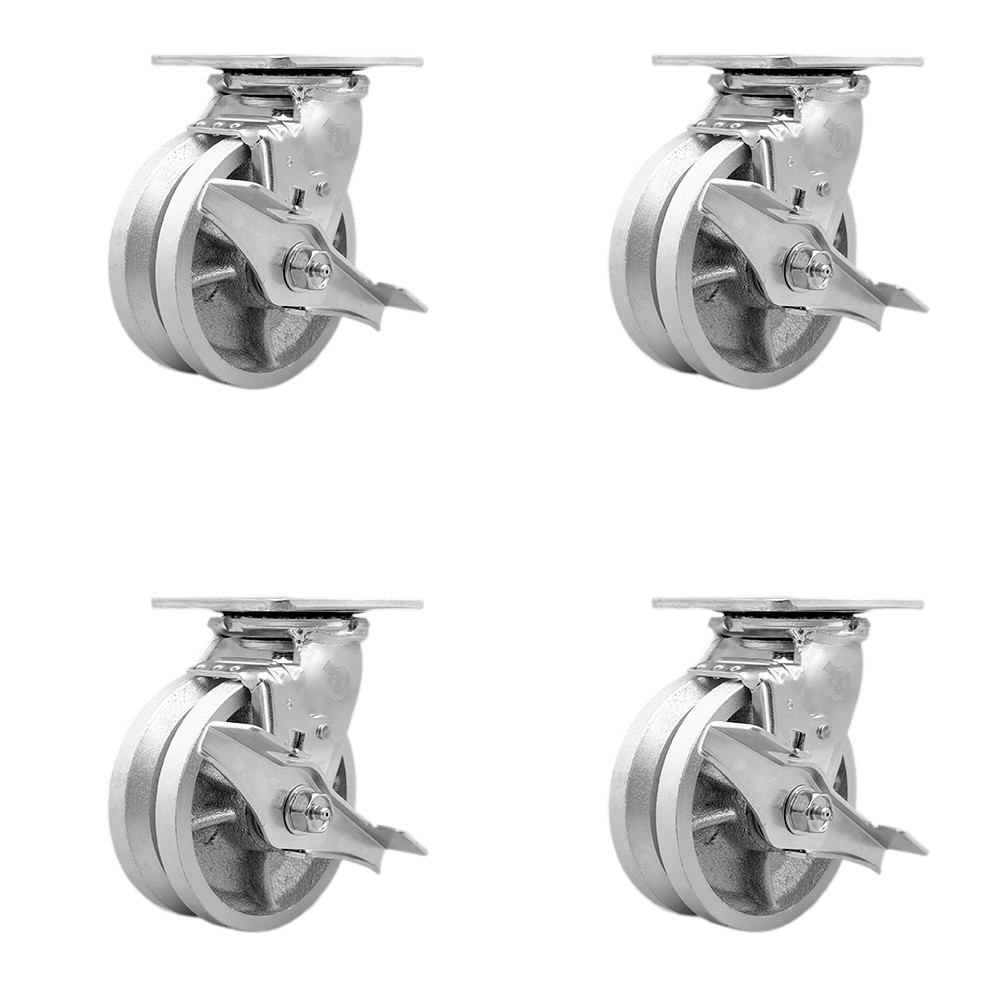 V Groove Semi Steel Cast Iron Swivel Top Plate Casters Set of 4 Heavy Duty with 5 Inch Wheels - Includes 4 Swivel with Top Lock Brakes – 4,400 lbs. Total Capacity - Service Caster Brand — photo 1