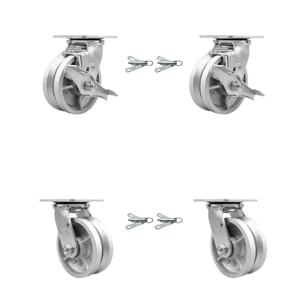 Heavy Duty Swivel Caster Set with 5 Inch V-Groove Semi Steel Cast Iron Wheels and Bronze Bearing-Include 2 Swivel with Brake&Bolt on Swivel Lock and 2 Swivel w/Bolt on Swivel Lock-Service Caster Brand — photo 1