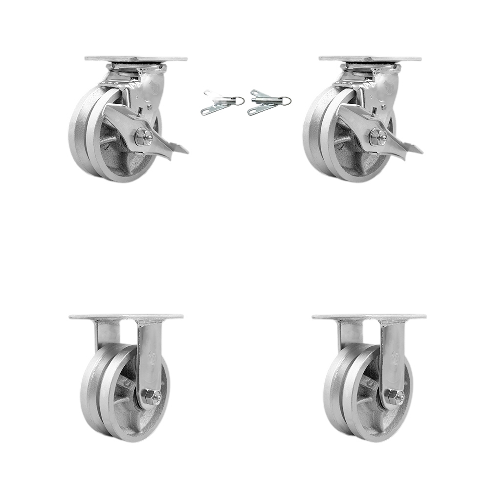Heavy Duty Swivel Caster Set of 4 with 5 Inch V-Groove Semi Steel Cast Iron Wheels and Bronze Bearings - Includes 2 Swivel with Brakes and Bolt on Swivel Locks and 2 Rigid - Service Caster Brand — photo 1