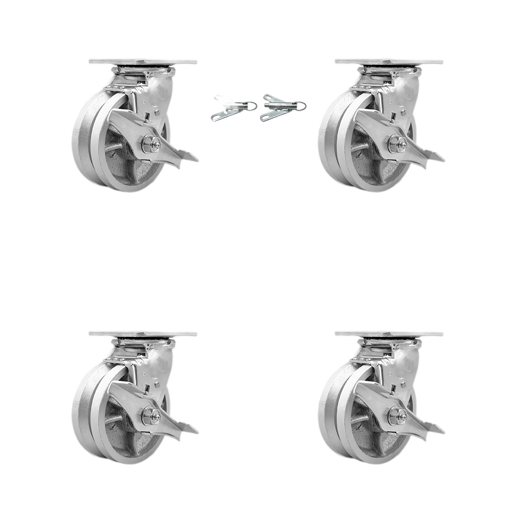 V Groove Semi Steel Cast Iron Swivel Top Plate Casters Set of 4 Heavy Duty with 5 Inch Wheels - Includes 2 Swivel with Brakes and Bolt on Swivel Locks and 2 Swivel with Brakes - Service Caster Brand — photo 1