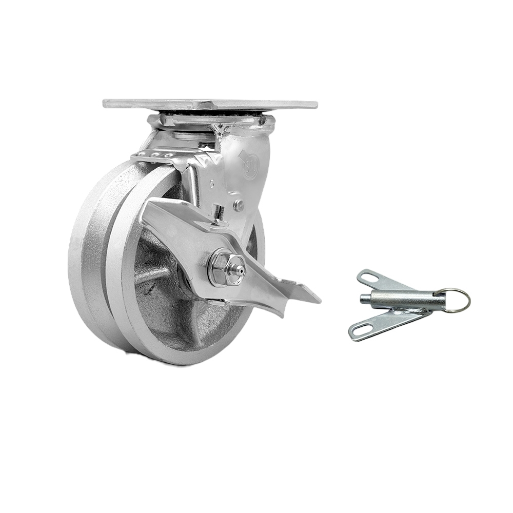 Heavy Duty Swivel Top Plate Caster with Top Lock Brake and Bolt on Swivel Lock and 5 Inch V Groove Semi Steel Cast Iron Wheel with Ball Bearings - 1,100 lbs. Capacity/Caster - Service Caster Brand — photo 1