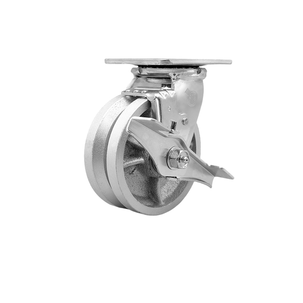 Heavy Duty Swivel Top Plate Caster with Top Lock Brake and 5 Inch V-Groove Semi Steel Cast Iron Wheel with Bronze Bearings - 1,100 lbs. Capacity/Caster - Service Caster Brand — photo 1