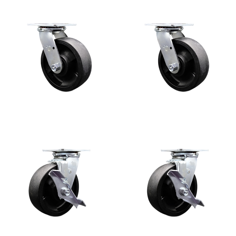 Tool Box Caster Wheel Set - 6 Inch Flat Free, Easy Rolling Glass Filled Nylon Wheels - Industrial Grade - 2 Swivel with Top Lock Brakes - Service Caster Brand — photo 1