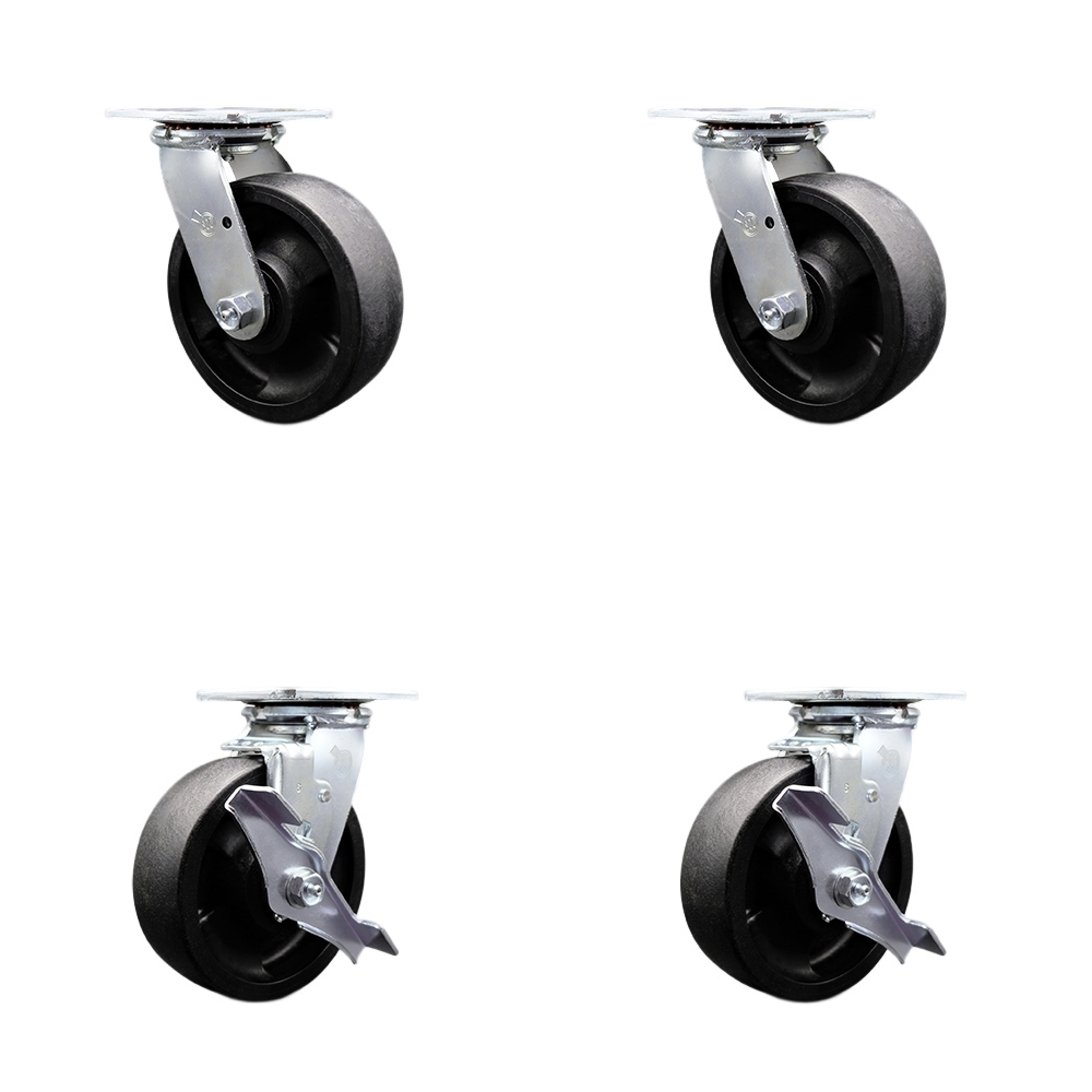 Glass Filled Nylon Swivel Top Plate Casters Set of 4 Heavy Duty with 6 Inch Wheels-Includes 2 Swivel with Bolt on Swivel Locks and 2 Swivel with Brakes-5,000 lbs. Total Capacity - Service Caster Brand — photo 1