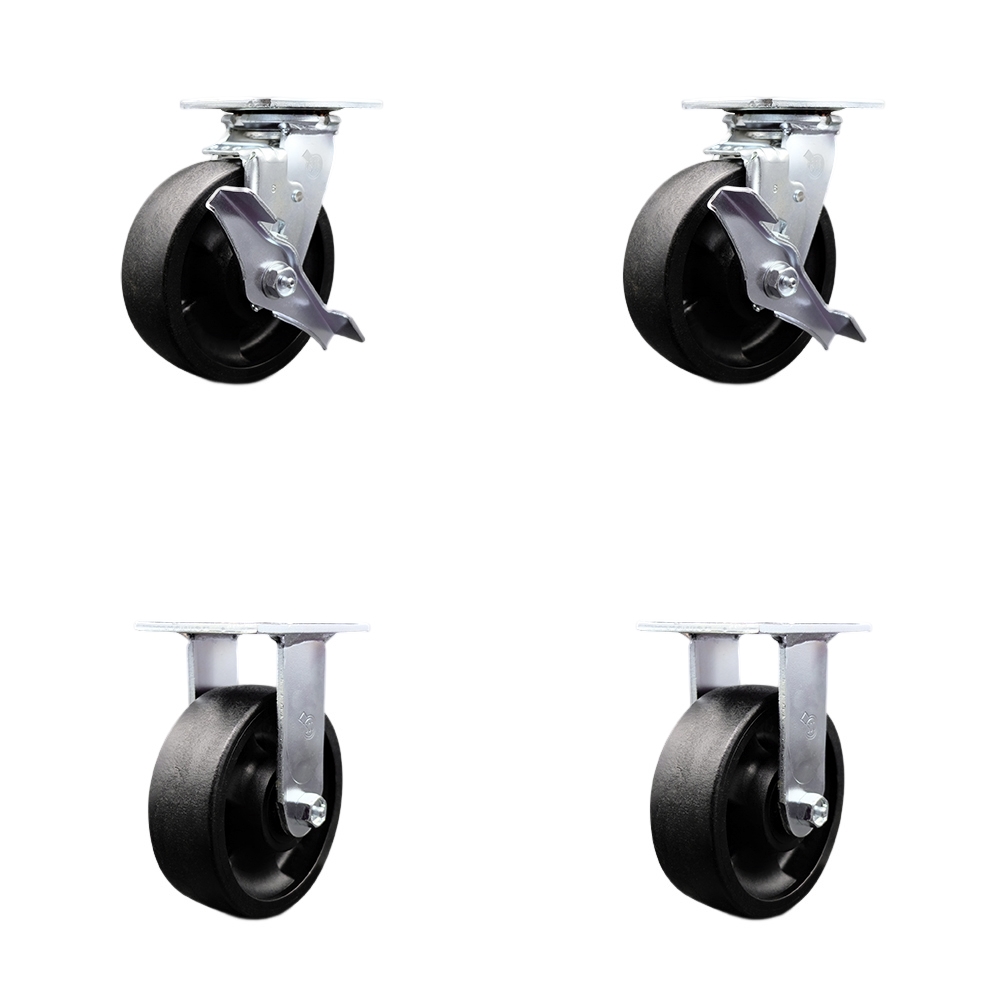 Tool Box Caster Wheel Set - 6 Inch Flat Free, Zero Maintenance Glass Filled Nylon Wheels - Industrial Grade - 2 Swivel with Top Lock Brakes and 2 Rigid Casters - Service Caster Brand — photo 1