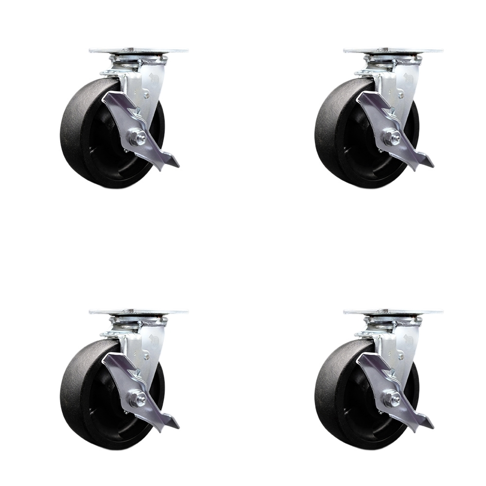 Tool Box Caster Wheel Set - 6 Inch Flat Free, Easy Rolling Glass Filled Nylon Wheels - Industrial Grade - 4 Swivel Casters with Top Lock Brakes - Service Caster Brand — photo 1