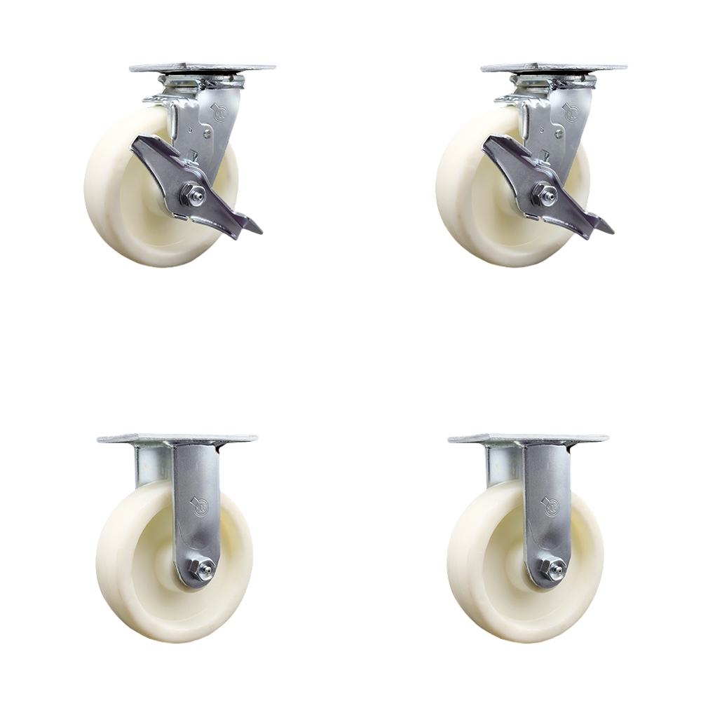Nylon Swivel Top Plate Casters Set of 4 Heavy Duty with 6 Inch Wheels - Includes 2 Swivel with Brakes and Bolt on Swivel Locks and 2 Rigid - 5,000 lbs. Total Capacity - Service Caster Brand — photo 1