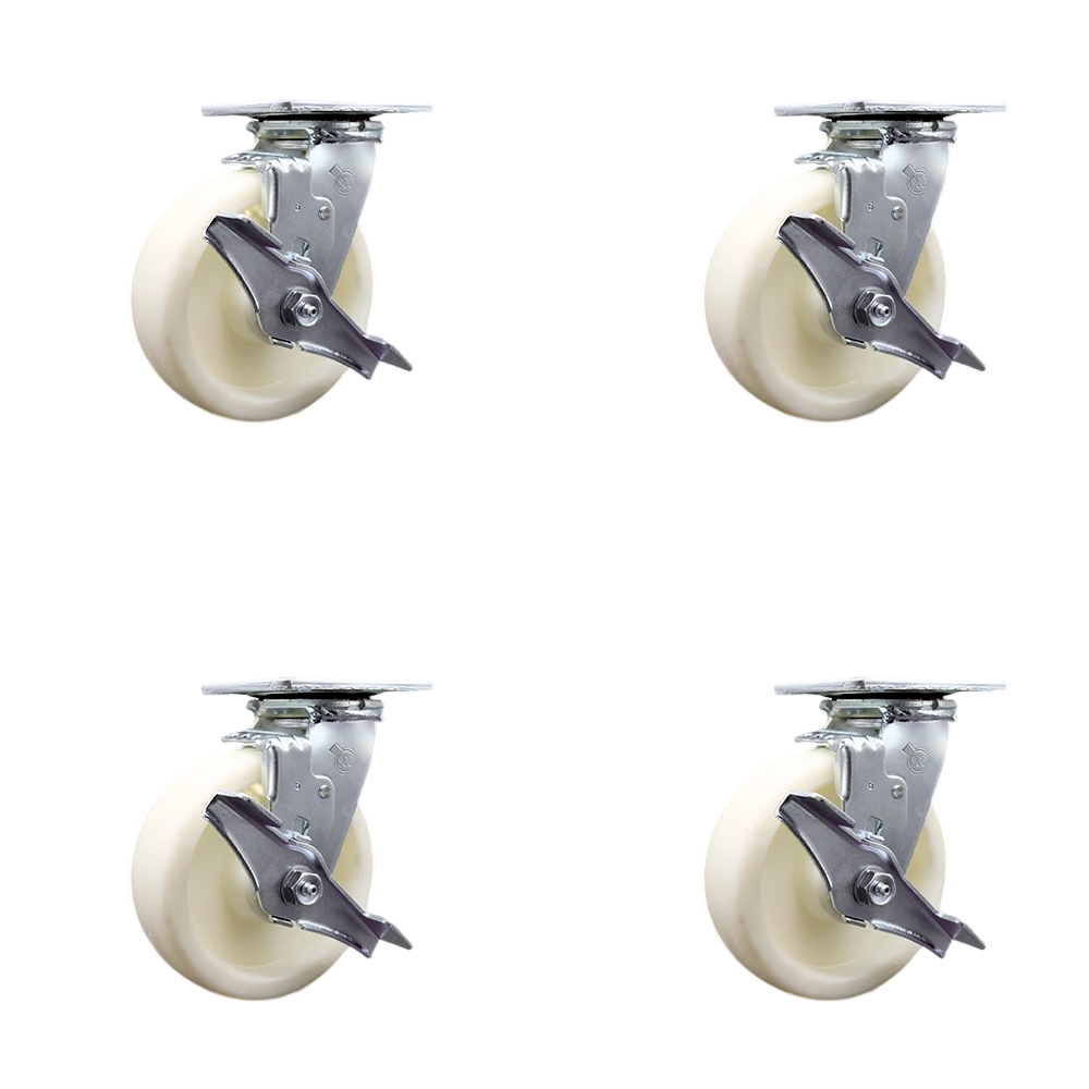 Heavy Duty Swivel Caster Set of 4 with 6 Inch Nylon Wheels and Ball Bearings - Includes 4 Swivel with Top Lock Brakes and Bolt on Swivel Locks - 5,000 lbs. Total Capacity - Service Caster Brand — photo 1