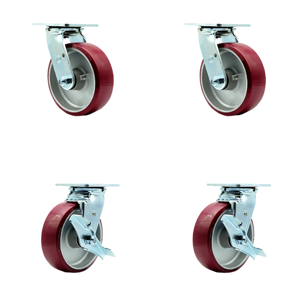 Heavy Duty Swivel Caster Set of 4 with 6 Inch Polyurethane on Aluminum Wheels and Ball Bearings - Includes 2 Swivel with Brakes and 2 Swivel - 4,800 lbs. Total Capacity - Service Caster Brand — photo 1