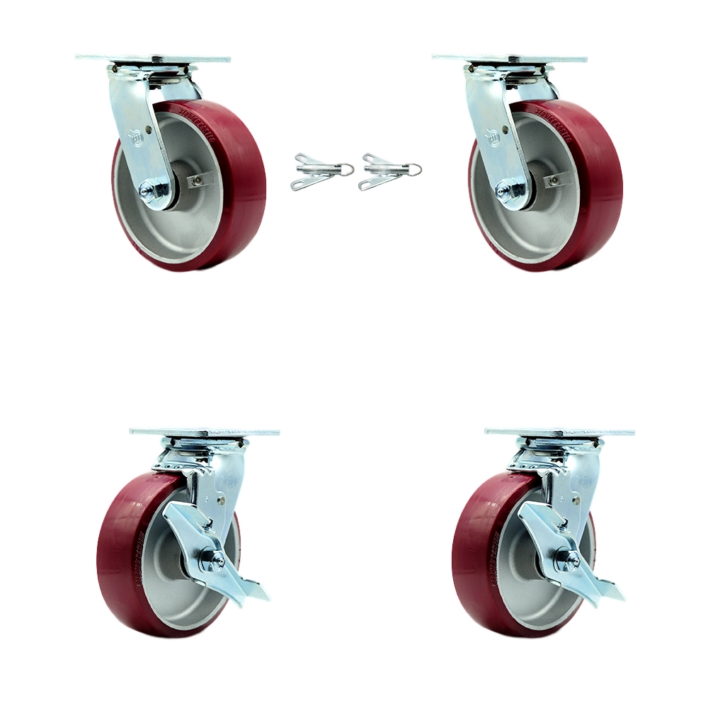 Polyurethane on Aluminum Swivel Top Plate Casters Set of 4 Heavy Duty with 6 Inch Wheels - Includes 2 Swivel with Bolt on Swivel Locks and 2 Swivel with Brakes - Service Caster Brand — photo 1