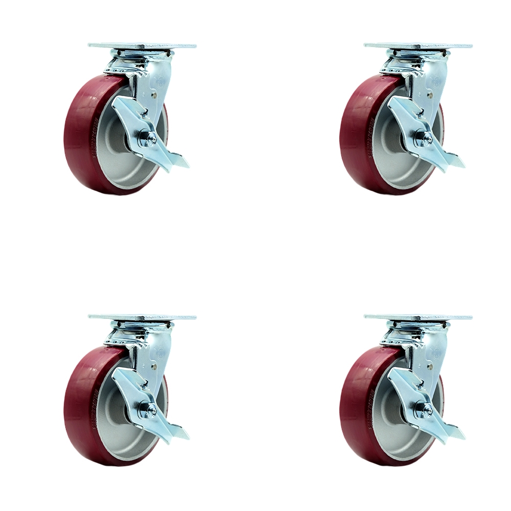 Polyurethane on Aluminum Swivel Top Plate Casters Set of 4 Heavy Duty with 6 Inch Wheels - Includes 4 Swivel with Top Lock Brakes – 4,800 lbs. Total Capacity - Service Caster Brand — photo 1