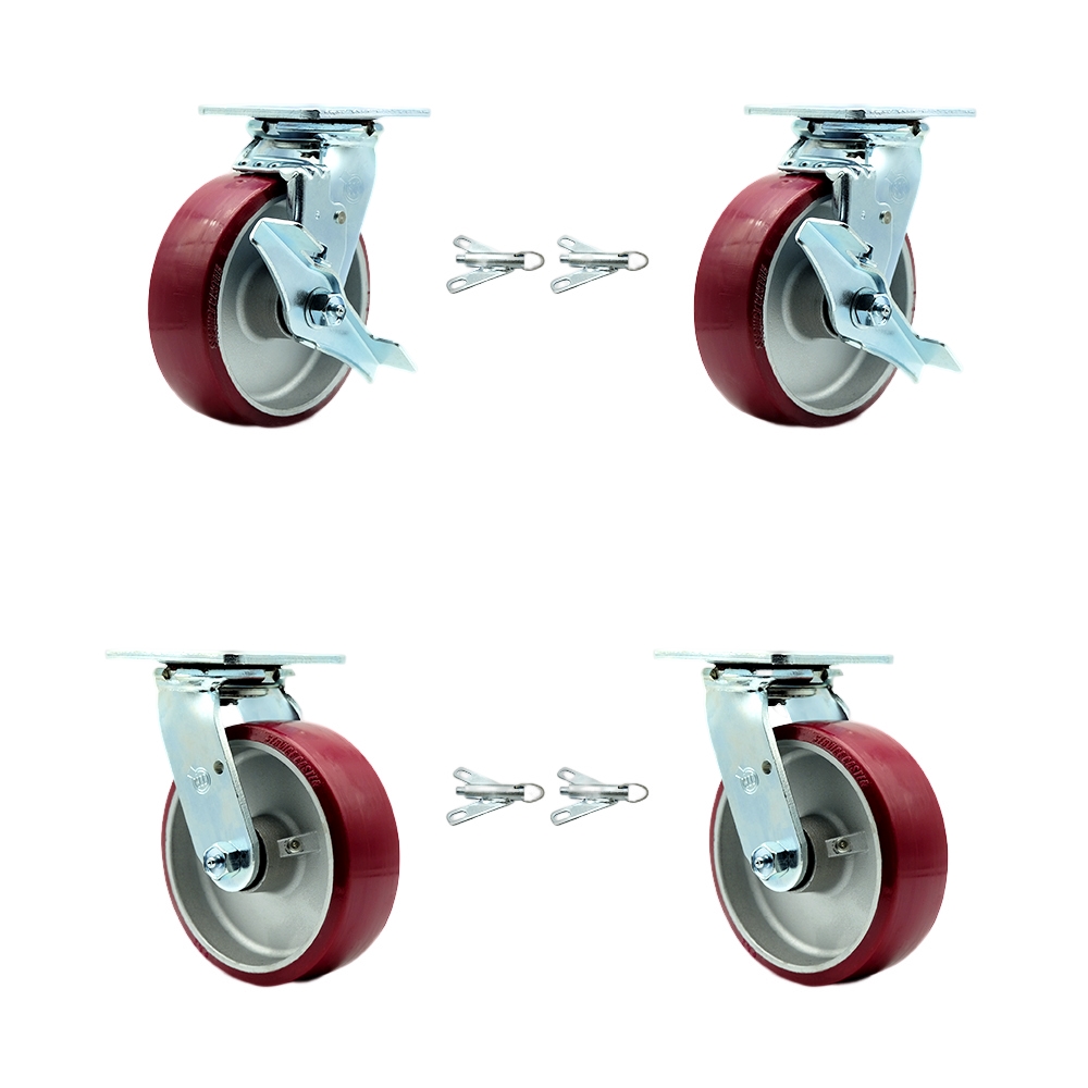 Polyurethane on Aluminum Swivel Top Plate Casters Set 4 Heavy Duty with 6 Inch Wheels-Includes 2 Swivel with Brakes and Bolt on Swivel Locks and 2 Swivel with Bolt on Swivel Locks-Service Caster Brand — photo 1