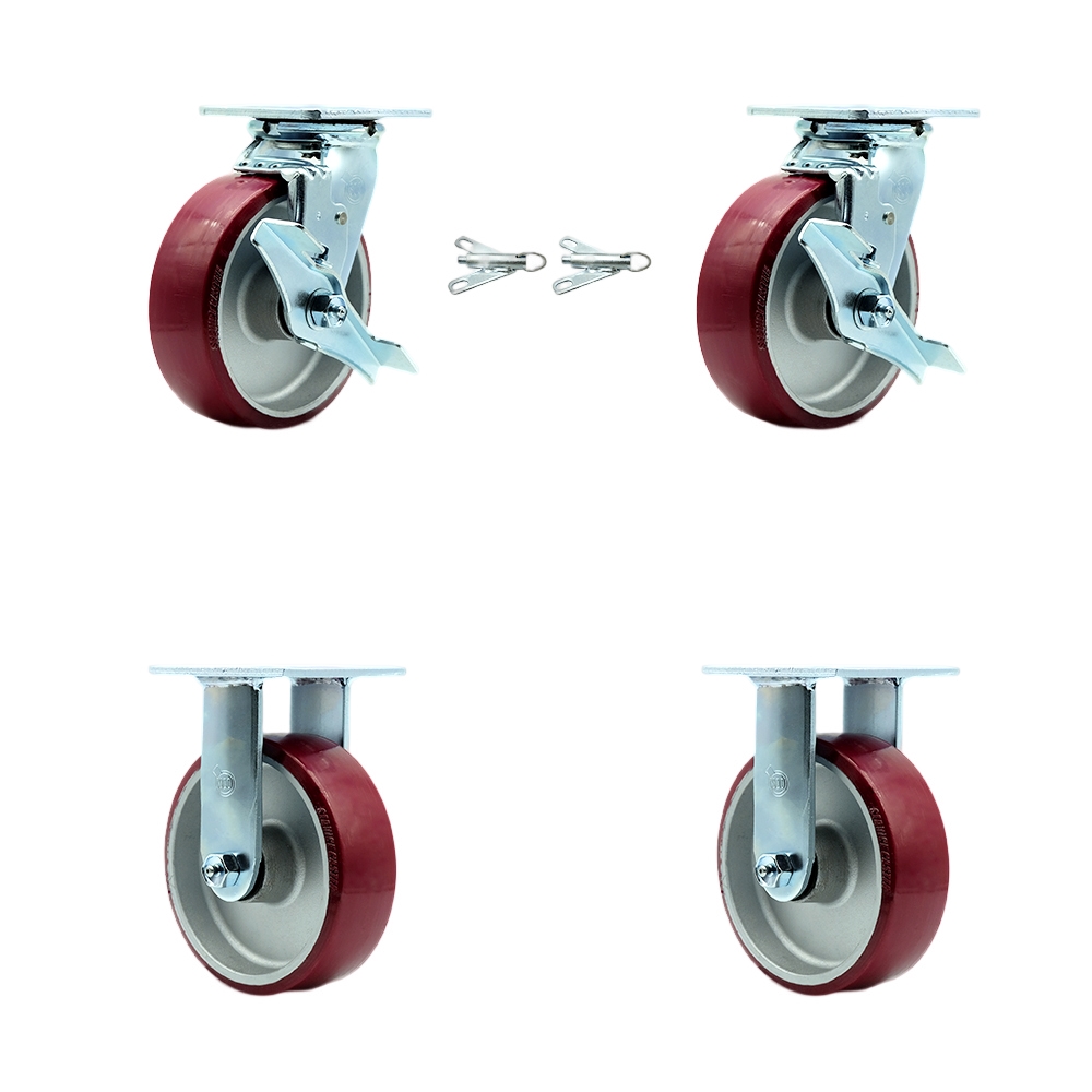 Polyurethane on Aluminum Swivel Top Plate Casters Set of 4 Heavy Duty with 6 Inch Wheels - Includes 2 Swivel with Brakes and Bolt on Swivel Locks and 2 Rigid - Service Caster Brand — photo 1