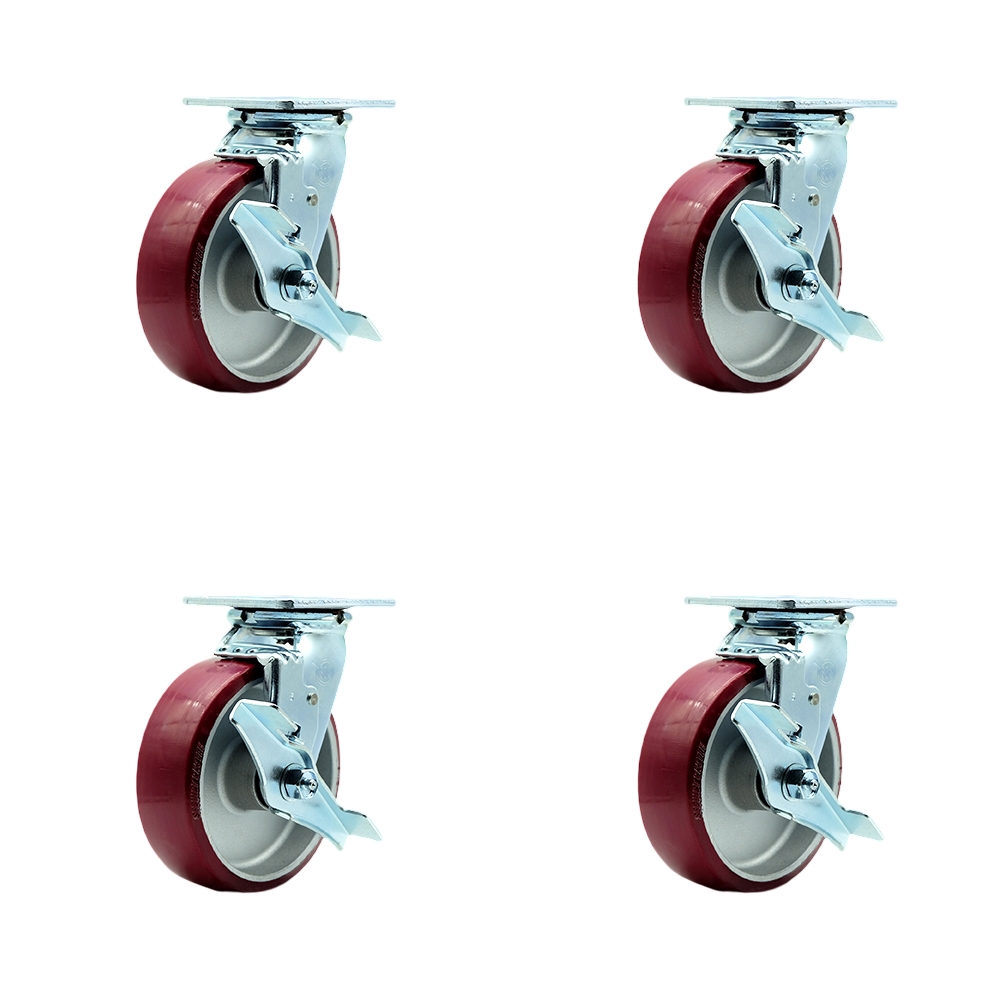 Polyurethane on Aluminum Swivel Top Plate Casters Set of 4 Heavy Duty with 6 Inch Wheels - Includes 2 Swivel with Brakes and Bolt on Swivel Locks and 2 Swivel with Brakes - Service Caster Brand — photo 1
