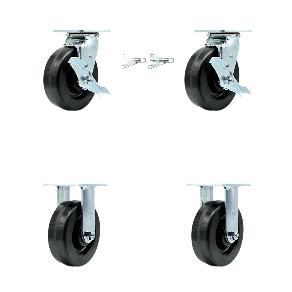 Phenolic Swivel Top Plate Casters Set of 4 Heavy Duty with 6 Inch Wheels - Includes 2 Swivel with Brakes and Bolt on Swivel Locks and 2 Rigid - 4,800 lbs. Total Capacity - Service Caster Brand — photo 1