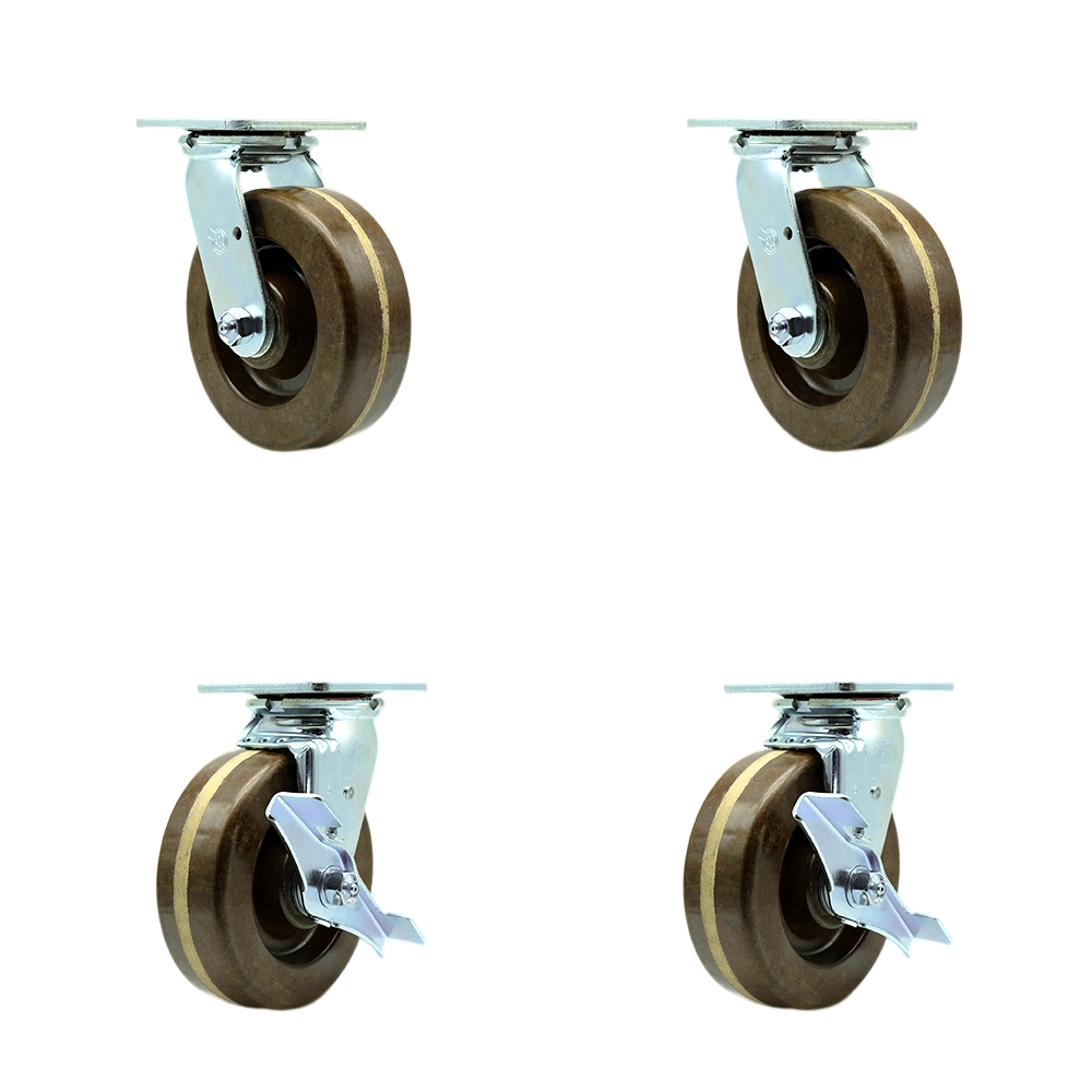High Temperature Phenolic Swivel Top Plate Casters Set of 4 Heavy Duty with 6 Inch Wheels - Includes 2 Swivel with Brakes and 2 Swivel – 4,800 lbs. Total Capacity - Service Caster Brand — photo 1