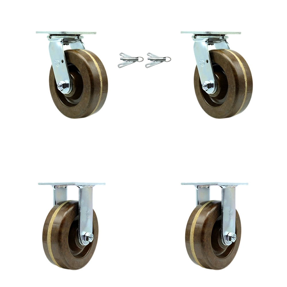 Heavy Duty Swivel Caster Set of 4 with 6 Inch High Temperature Phenolic Wheels and Bronze Bearings - Includes 2 Swivel with Bolt on Swivel Locks and 2 Rigid - Service Caster Brand — photo 1