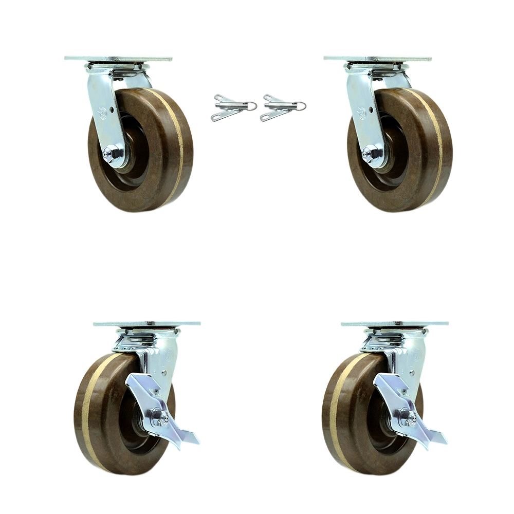 Heavy Duty Swivel Caster Set of 4 with 6 Inch High Temperature Phenolic Wheels and Bronze Bearings - Includes 2 Swivel with Bolt on Swivel Locks and 2 Swivel with Brakes - Service Caster Brand — photo 1