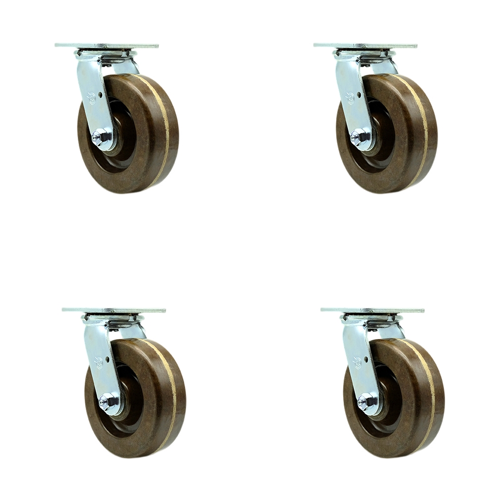 Heavy Duty Swivel Caster Set of 4 with 6 Inch High Temperature Phenolic Wheels and Bronze Bearings - Includes 4 Swivel with Bolt on Swivel Locks - 4,800lbs. Total Capacity - Service Caster Brand — photo 1