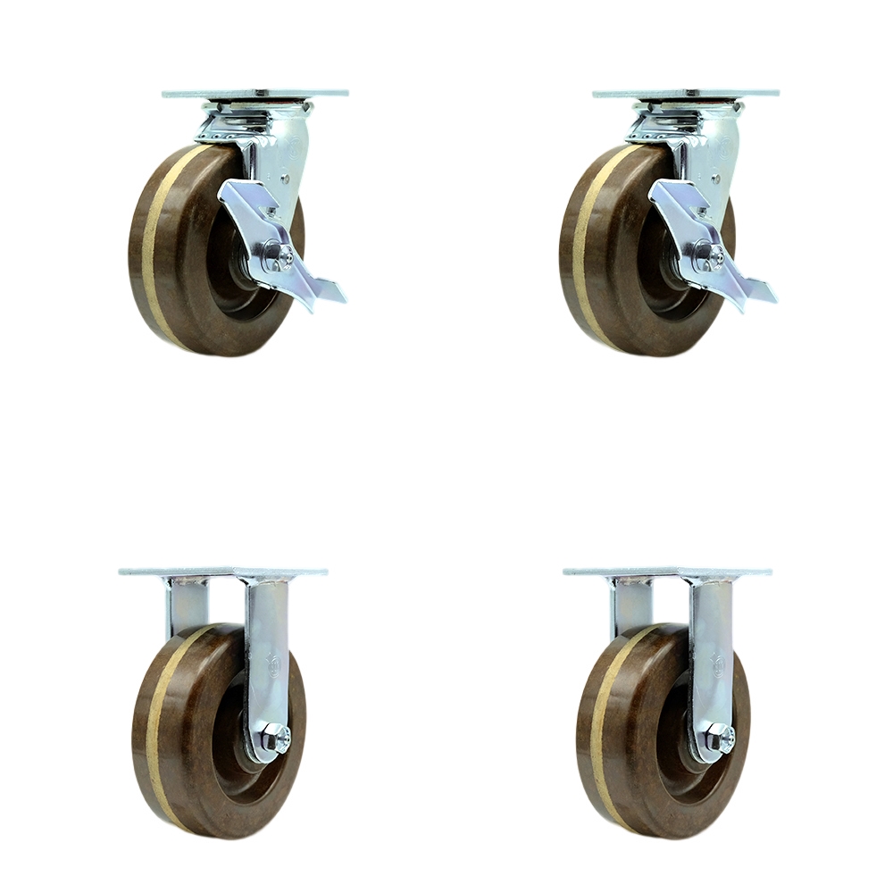 High Temperature Phenolic Swivel Top Plate Casters Set of 4 Heavy Duty with 6 Inch Wheels - Includes 2 Swivel with Brakes and 2 Rigid – 4,800 lbs. Total Capacity - Service Caster Brand — photo 1