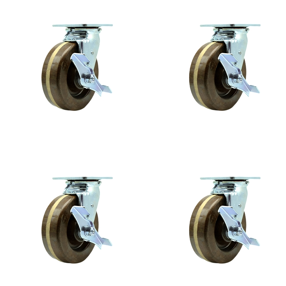 Heavy Duty Swivel Caster Set of 4 with 6 Inch High Temperature Phenolic Wheels and Bronze Bearings - Includes 4 Swivel with Top Lock Brakes - 4,800 lbs. Total Capacity - Service Caster Brand — photo 1
