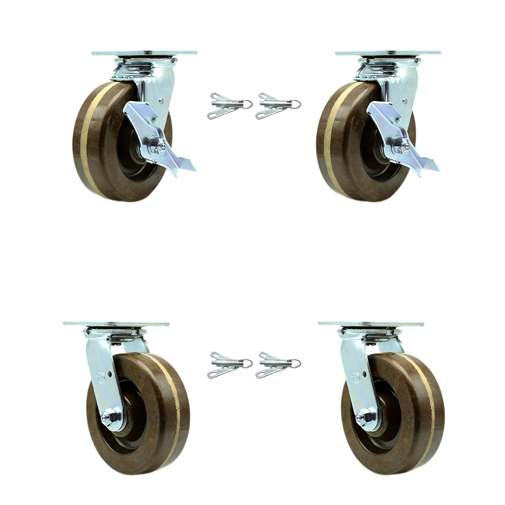 Heavy Duty Swivel Caster Set with 6 Inch High Temp Phenolic Wheels and Bronze Bearings - Include 2 Swivel with Brake & Bolt on Swivel Lock and 2 Swivel with Bolt on Swivel Locks - Service Caster Brand — photo 1