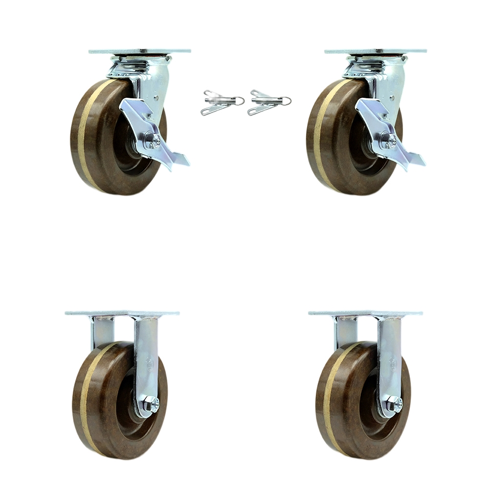 High Temp Phenolic Swivel Top Plate Casters Set of 4 Heavy Duty with 6 Inch Wheels - Includes 2 Swivel with Brakes and Bolt on Swivel Locks and 2 Rigid-4,800 lbs. Total Capacity - Service Caster Brand — photo 1