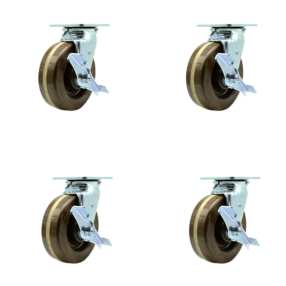 Heavy Duty Swivel Caster Set of 4 with 6 Inch High Temperature Phenolic Wheels and Bronze Bearings - Includes 4 Swivel with Top Lock Brakes and Bolt on Swivel Locks - Service Caster Brand — photo 1