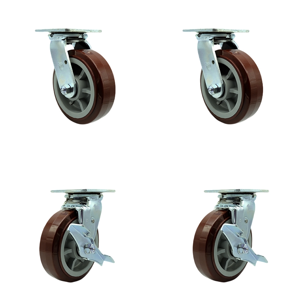 Tool Box Caster Wheel Set - 6 Inch Non-Marking, Maintenance Free Maroon Polyurethane Wheels - Industrial Grade - 2 Swivel with Top Lock Brakes - Service Caster Brand — photo 1
