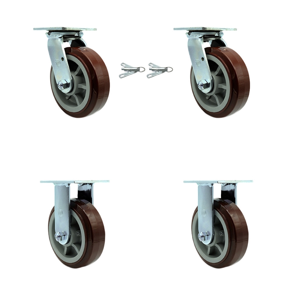 Heavy Duty Swivel Caster Set of 4 with 6 Inch Polyurethane Wheels and Ball Bearings - Includes 2 Swivel with Bolt on Swivel Locks and 2 Rigid - 3,600 lbs. Total Capacity - Service Caster Brand — photo 1