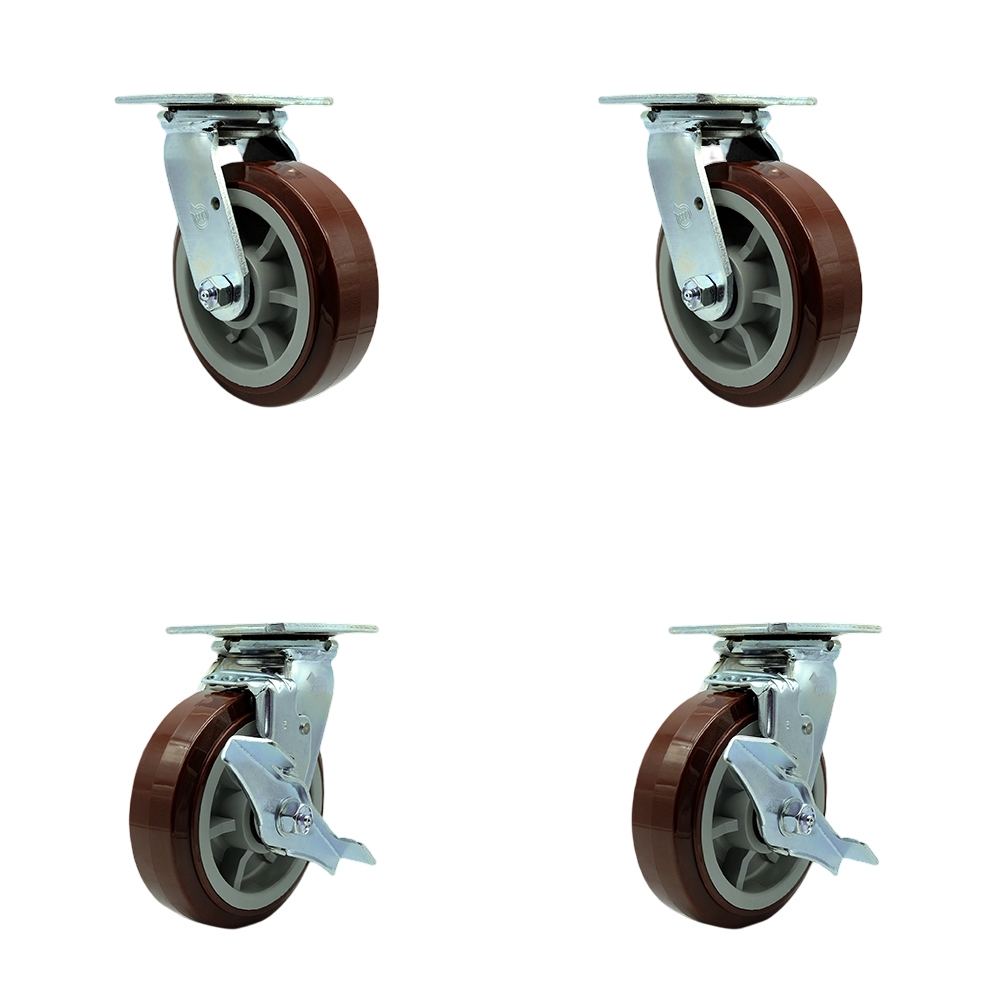 Polyurethane Swivel Top Plate Casters Set of 4 Heavy Duty with 6 Inch Wheels - Includes 2 Swivel with Bolt on Swivel Locks and 2 Swivel with Brakes - 3,600 lbs. Total Capacity - Service Caster Brand — photo 1