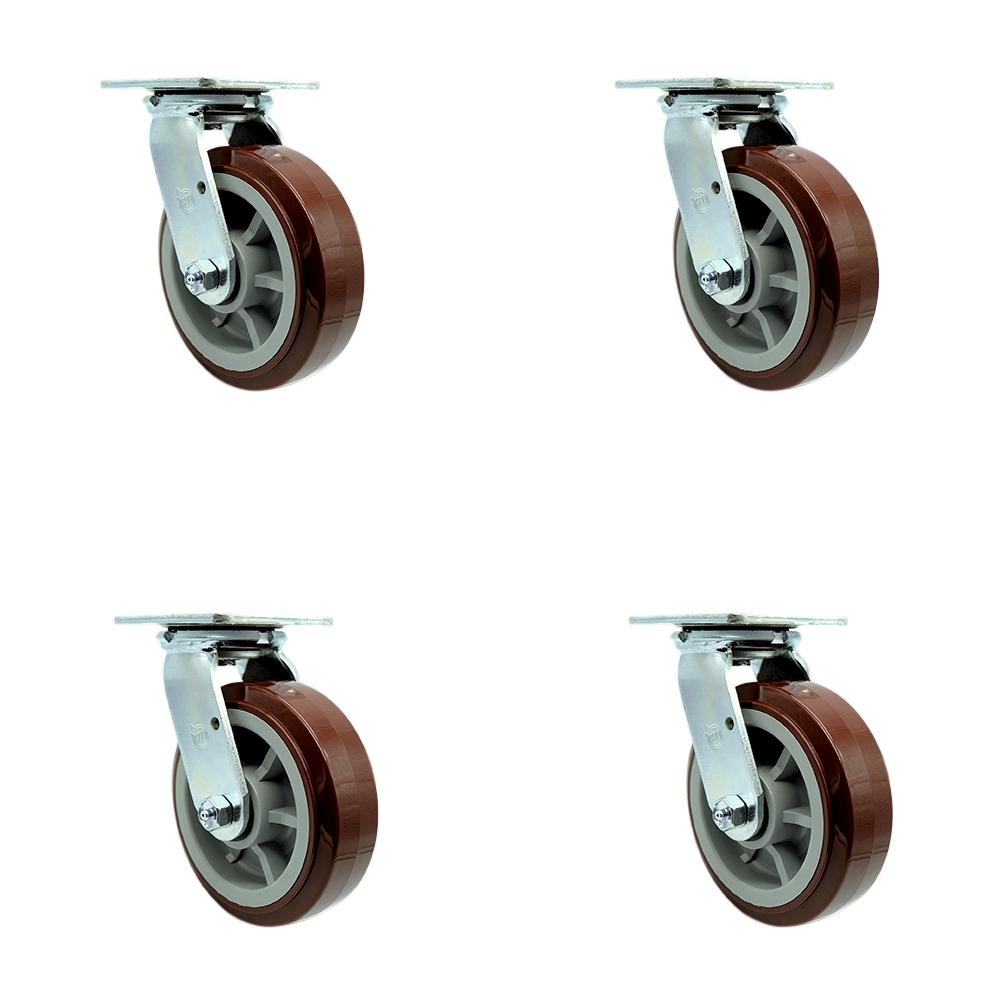 Polyurethane Swivel Top Plate Casters Set of 4 Heavy Duty with 6 Inch Wheels - Includes 4 Swivel with Bolt on Swivel Locks – 3,600 lbs. Total Capacity - Service Caster Brand — photo 1