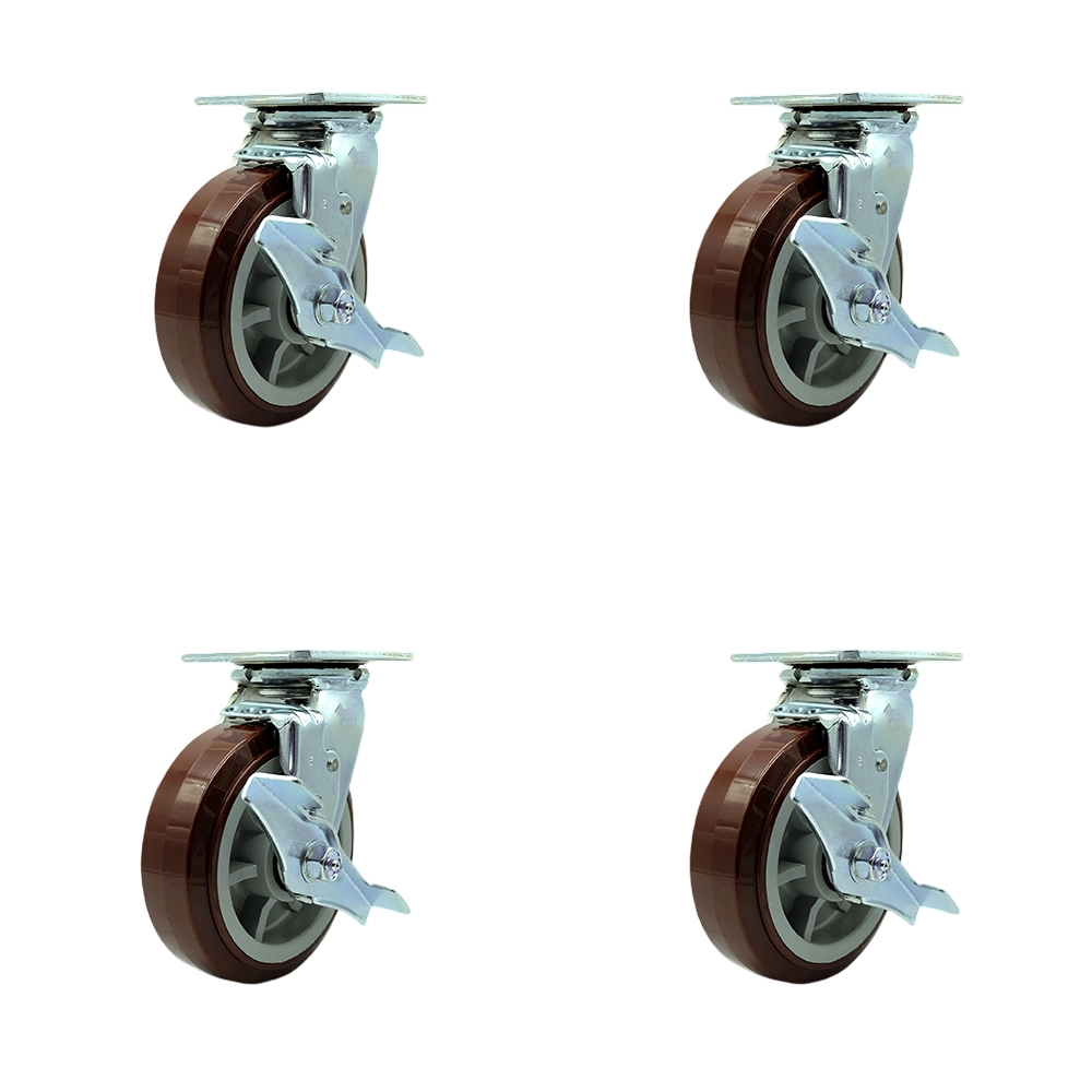 Tool Box Caster Wheel Set - 6 Inch Non-Marking, Easy Rolling Maroon Polyurethane Wheels - Industrial Grade - 4 Swivel Casters with Top Lock Brakes - Service Caster Brand — photo 1