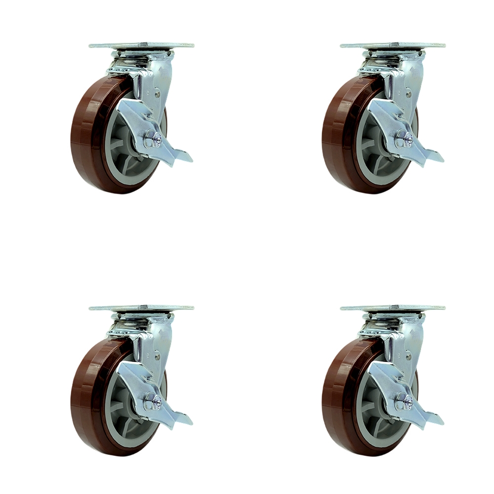 Heavy Duty Swivel Caster Set of 4 with 6 Inch Polyurethane Wheels and Ball Bearings - Includes 4 Swivel with Top Lock Brakes - 3,600 lbs. Total Capacity - Service Caster Brand — photo 1