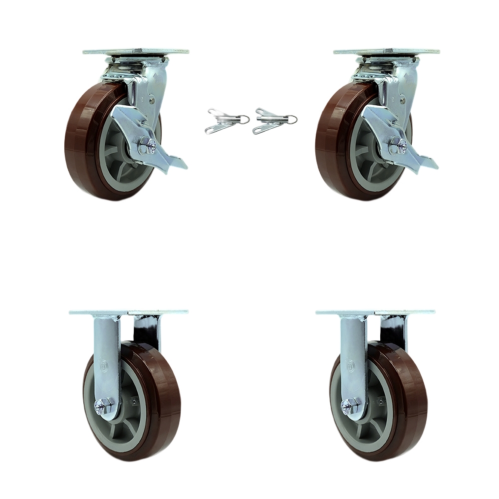 Heavy Duty Swivel Caster Set of 4 with 6 Inch Polyurethane Wheels and Ball Bearings -Includes 2 Swivel with Brakes and Bolt on Swivel Locks and 2 Rigid-3,600 lbs. Total Capacity - Service Caster Brand — photo 1