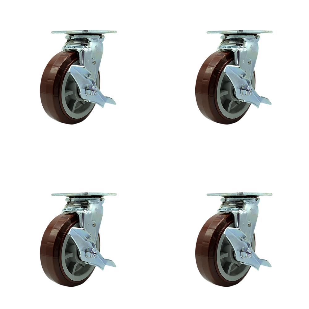 Polyurethane Swivel Top Plate Casters Set of 4 Heavy Duty with 6 Inch Wheels - Includes 2 Swivel with Brakes and Bolt on Swivel Locks and 2 Swivel with Brakes - Service Caster Brand — photo 1