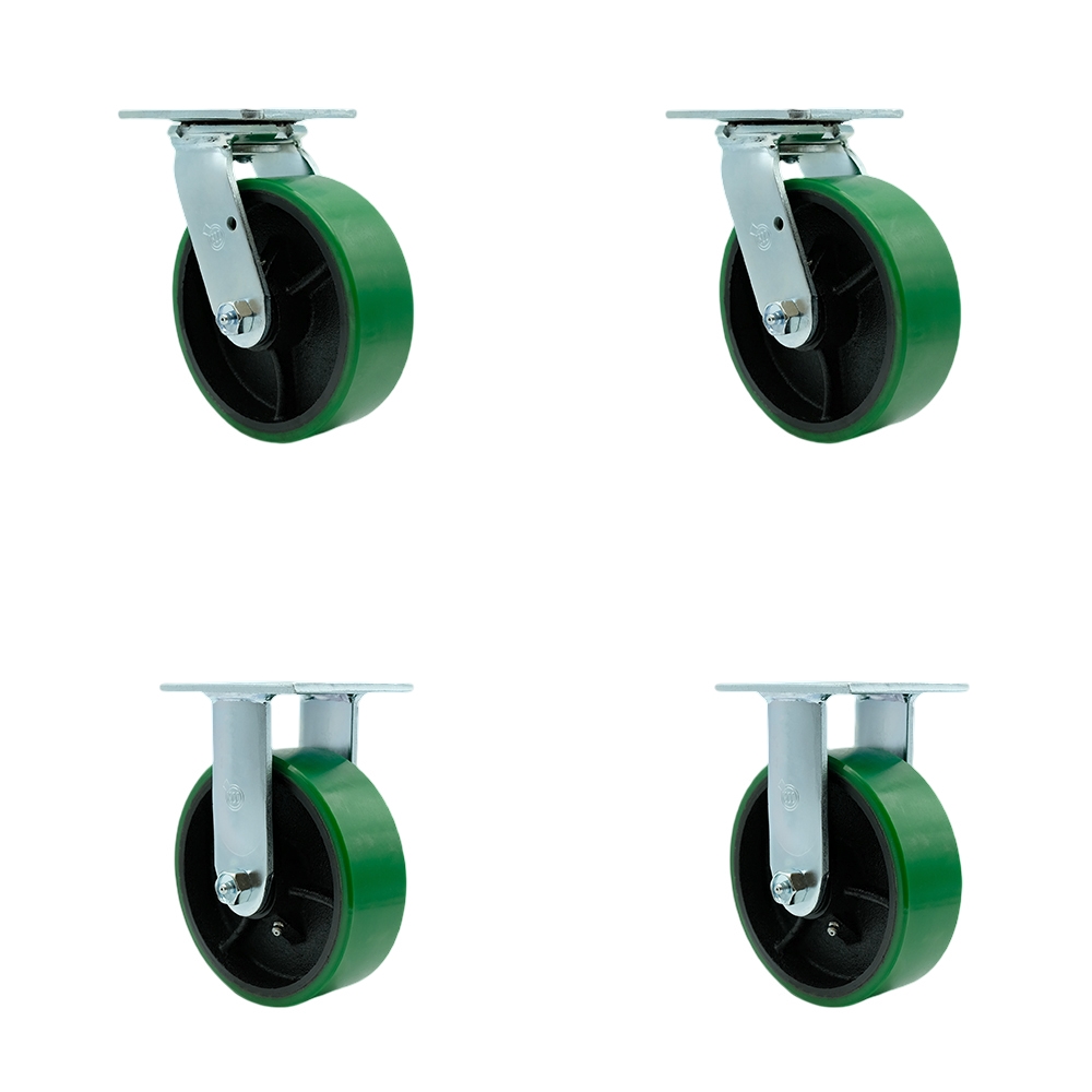 Service Caster Brand Replacement Set for Hippo Hopper Casters PC6-2-SET - Top Plate Caster with 6 Inch Green Polyurethane on Cast Iron Wheel - Includes 2 Swivel & 2 Rigid – 4,800 lbs. Total Capacity — photo 1